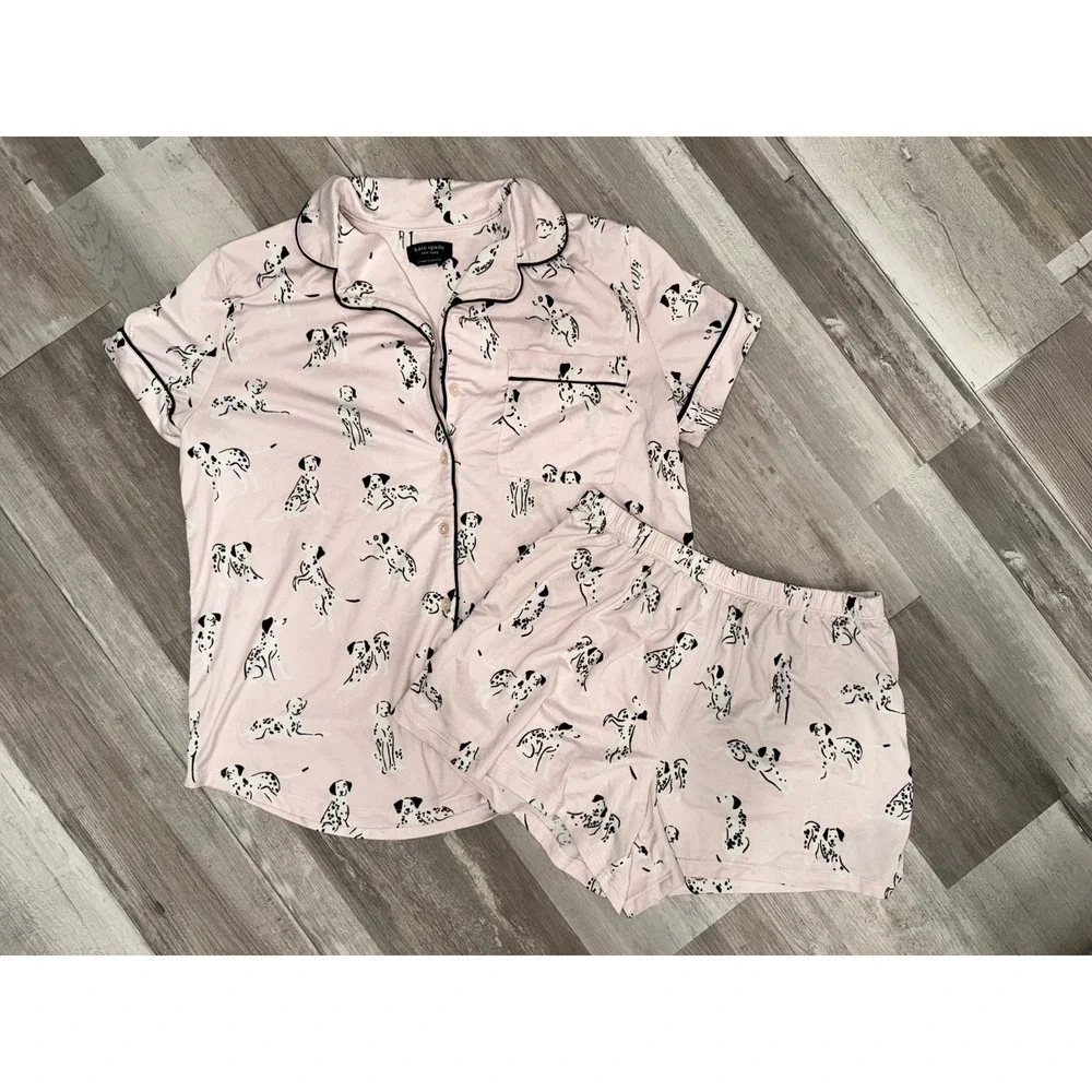 Kate Spade Pajama Set Women Pink Dalmatian Print Button Top Shorts Small S